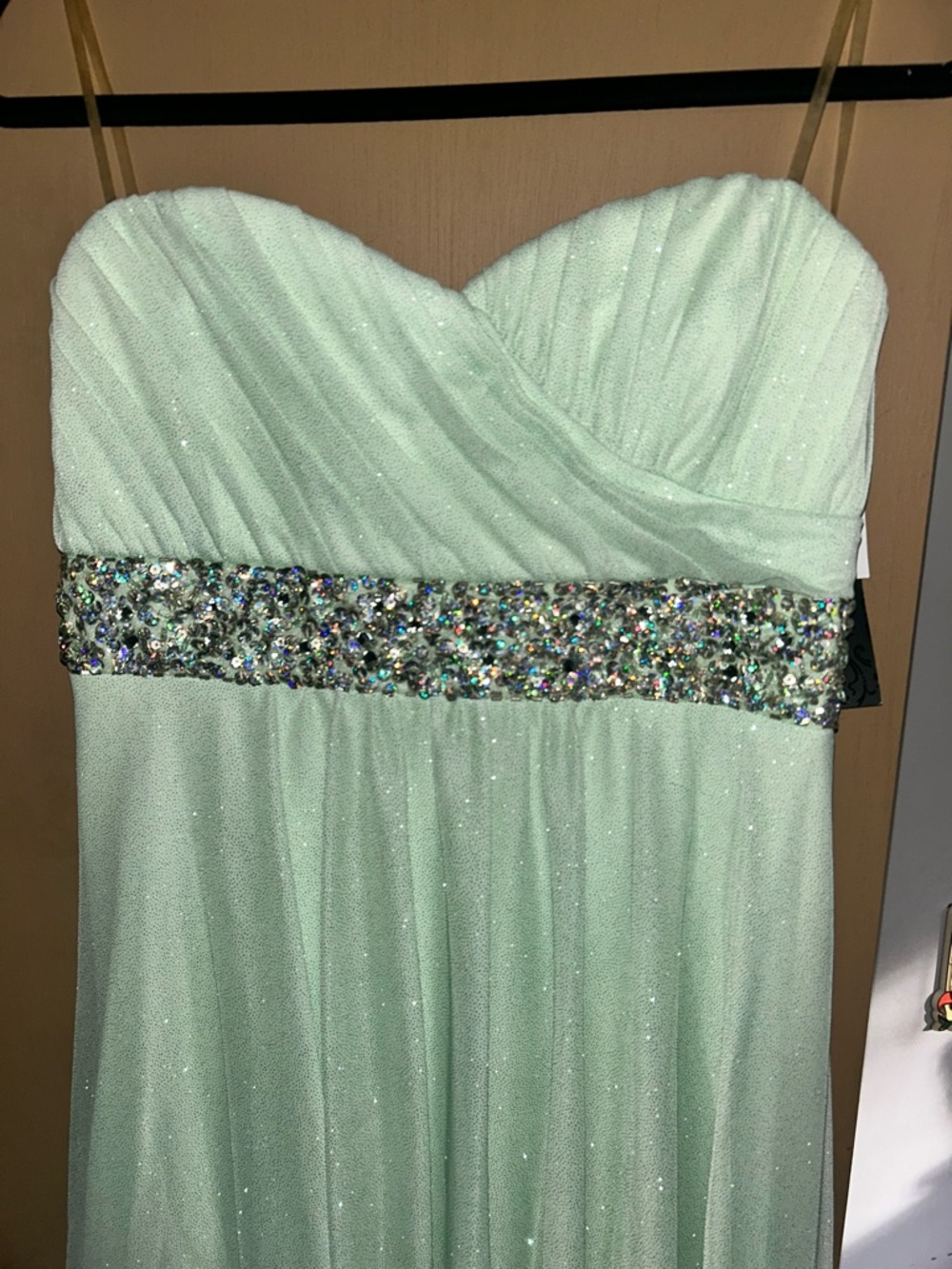 My Michelle Mint Green Strapless Prom Dress with Jeweled Waist
